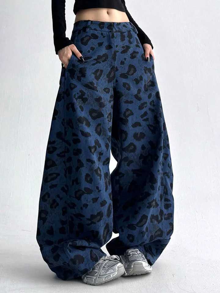 American Y2K Blue Leopard Jeans Women Vintage Casual High Waist Loose Denim Pants Harajuku Hip Hop Retro Bf Spring Trousers New M260310