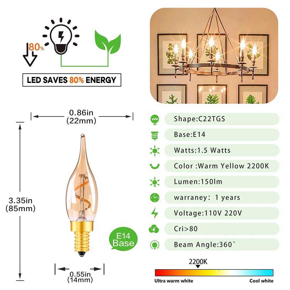 C22 Vintage Candle Light Bulb E14 220V 15W Dimmable 2200K Amber Spiral Filament Pendant Chandeliers Decorative Replacement Bulb H260310