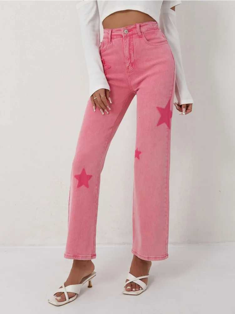 Womens Pink Jeans Star Print Flared High Waist Denim Trousers Stylish and Comfortable Outfit OptionT260310