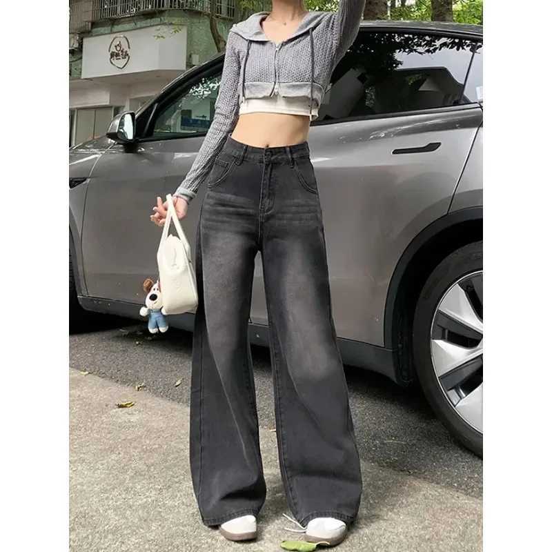 Casual High Waist Jeans Denim Loose Fit Personality Vintage Black Gray Straight Leg Wide Leg Trousers Women Womens pants M260310