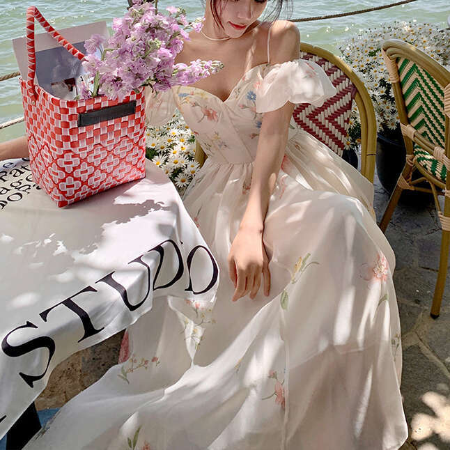 Designer Off Shoulder Puff Cuff Flower 2025 Spring/Summer French Style Elegant Women's Long Dress