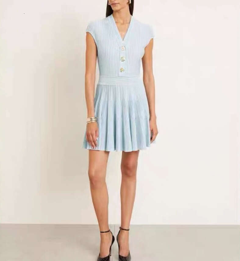 2026 European and American fashion goddess style elegant and simple solid color V-neck sleeveless design vertical stripe knitted dress