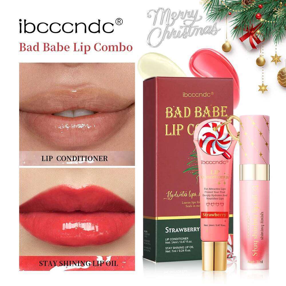 2pcs Bad Girl Glossy Set Strawberry Balm and Lip Gloss Combo Long-Lasting Hydrating Plump Lips Christmas Z260310
