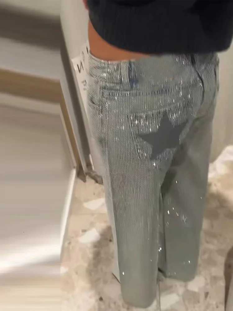 Shining Womens Rhinestone Denim Jeans Sparkly Star High Waist Wide Leg Pants Spring Female Party Clubwear Streetwear TrousersT260310