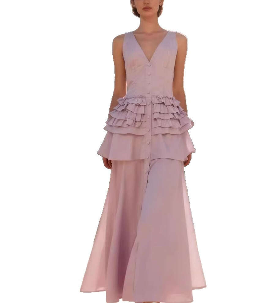 2026 Spring/Summer Goddess Style Sleeveless V-neck Ruffle Solid Color Long Vacation Dress in Multiple Colors