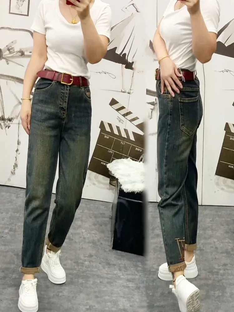 NEW Spring Autumn High Waist Straight Jeans Loose Fit Stretch Haren Denim Pants Ladies Ankle-Length Jeans Pants 2024T260310