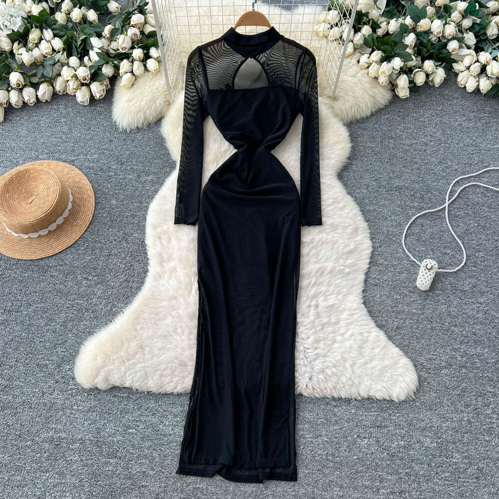 New Chinese style women's clothing 2026 autumn and winter elegant and sexy hollow out stand collar mesh long sleeved slit