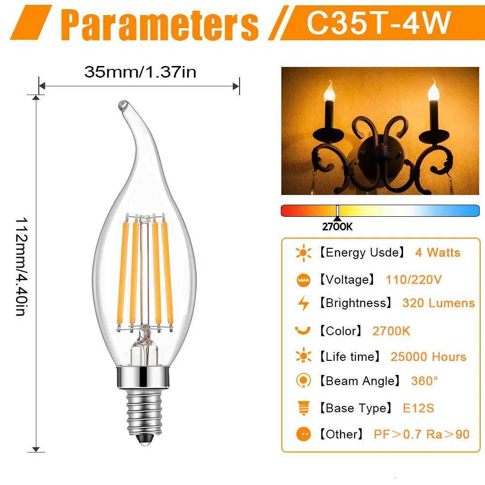 E12 Chandelier Bulb C35 4W 320LM Vintage LED Lamp Clear Amber Glass Flame Tip Candle Light Bulbs for Ceiling Fan Pendant Light H260310