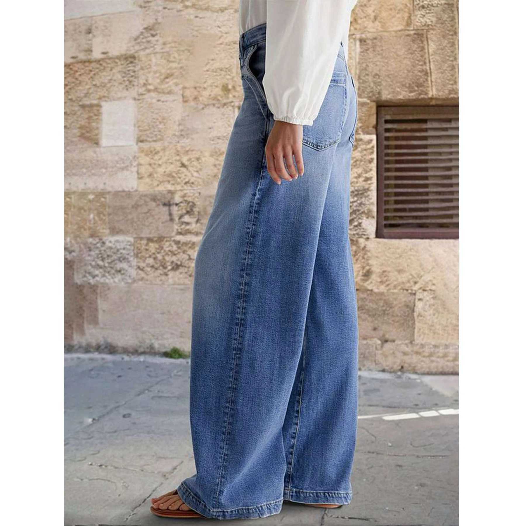 Womens Y2K Fashion Casual Washed Wide Leg Jeans Stretchy Comfortable Vintage Denim Trousers M260310