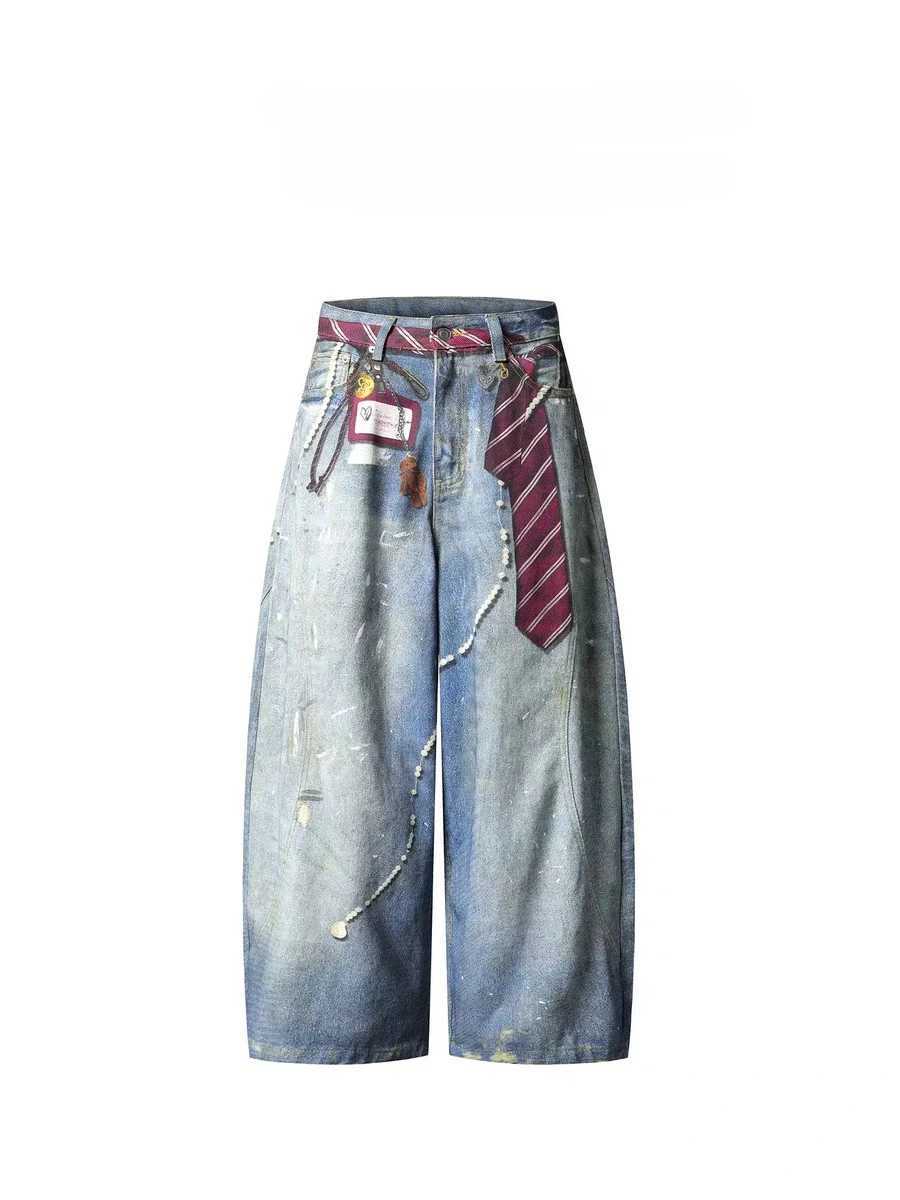 American Retro Scimitar Tie Exquisite Printed Blue Jeans Autumn New Design Loose Contour Floor Pants Women Street Fashion Pants M260310