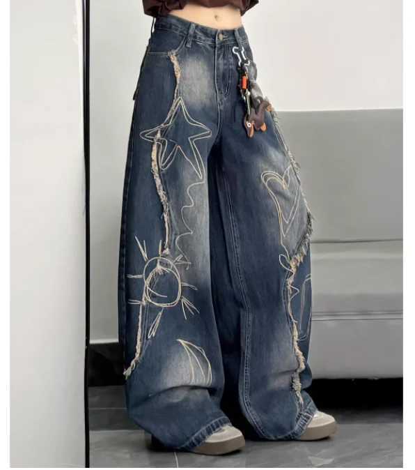 New Large Size Retro Women Loose Wide-leg Mopping Jeans Fashion High Waist Versatile Age-reducing Blue Printed Straight Trousers M260310