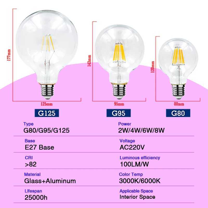 1-4pcs G80 G95 G120 LED Bulb E27 2W 4W 6W 8W AC 220V Energy Saving Global Light Lampada Ampoule Lamp Retro Edison Filament Bulbs H260310