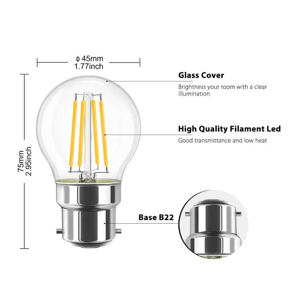 Melery B22 Filament LED Light Bulb 4W Incandescent Bayonet Lamp G45 2700K Warm Cold Day White Replacement 40W Rustic Clear 3PACK H260310