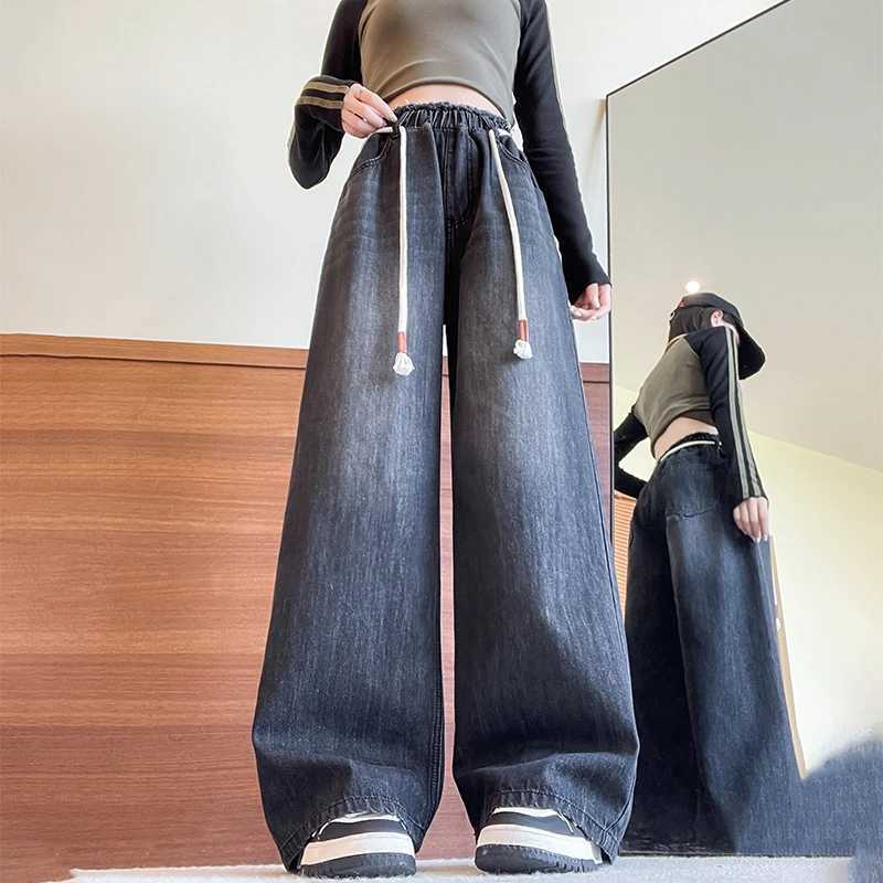L - 6XL Plus Size Jeans For Woman High Elastic Waist Drawstring Black Jeans Women Streetwear Wide Leg Loose Casual Denim Pants M260310
