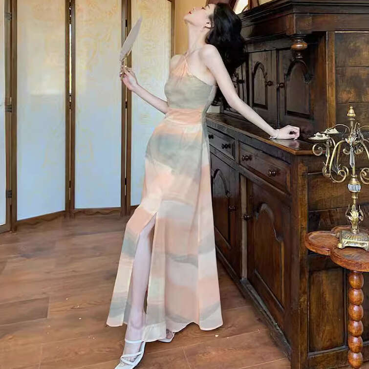 Chiffon niche sleeveless slit camisole dress, retro small fragrance style, waist cinched long seaside vacation beach dress