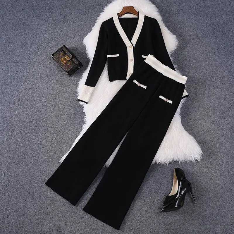 Xiaoxiangfeng Knitwear Outfits Womens Spring Autumn Fashion Knitted Cardigan Wide Leg Pants Two Piece Set Sweater Trousers SuitT260310