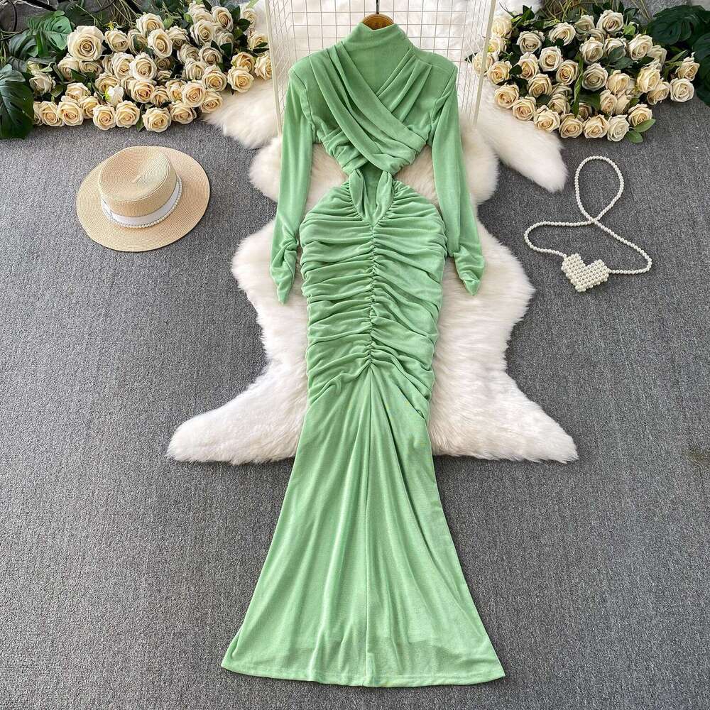 Unique and exquisite women's cross neck semi high neck dress from Europe and America, niche and elegant irregular pleated skirt