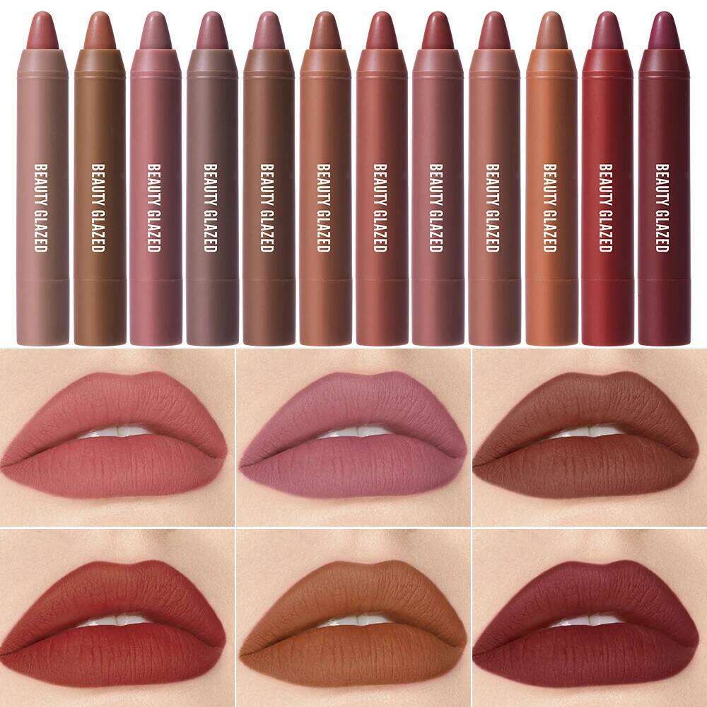 Beauty Glazed Matte Lipstick Pencil Waterproof Long Lasting Balm 12 Colors Velvet Lip Liner Pen Lips Makeup Women Cosmetics Z260310