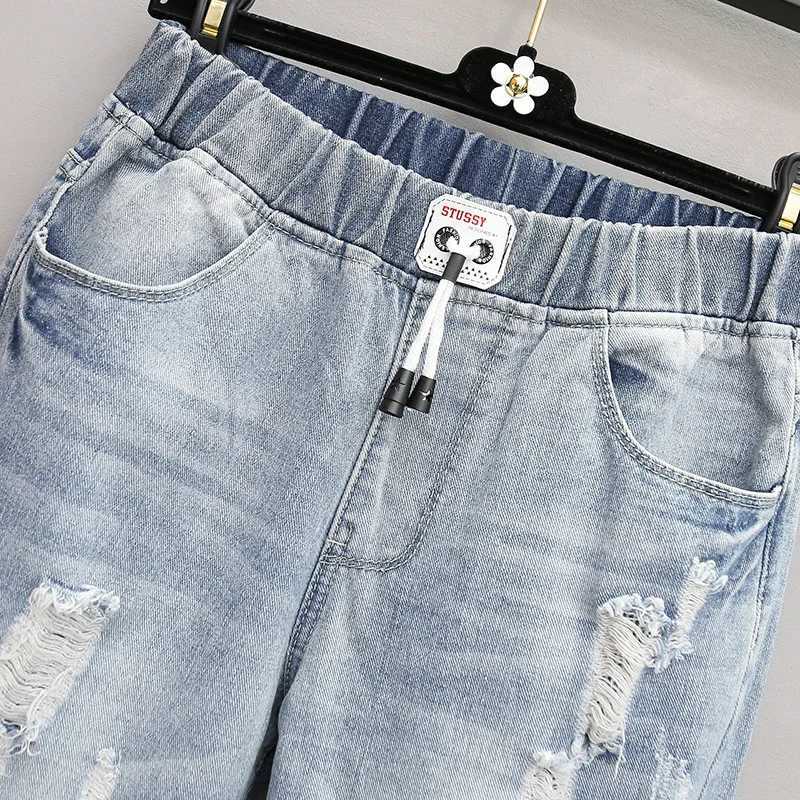 L-7xl ripped jeans woman high waisted plussized baggy blue jeans for women loose denim trousers mom jeans M260310