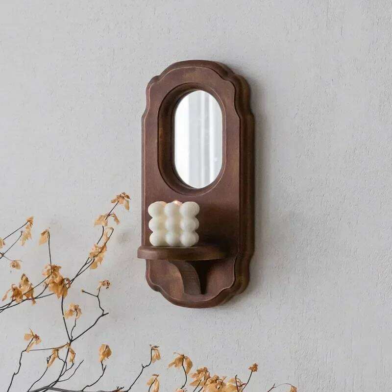 Wall Decor Holders Solid Mango Wood Metal Candle Holder Mirror Retro Nostalgic Living Room Aromatherapy Candlestick H260310