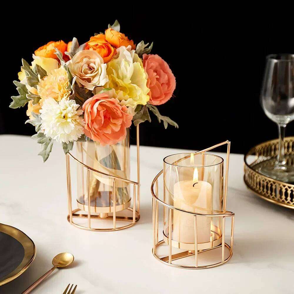 European Style Metal Candlestick Glass and Iron Flower Accessories Storage Bottle Romantic Wedding Birthday Dinner Decoration H260310