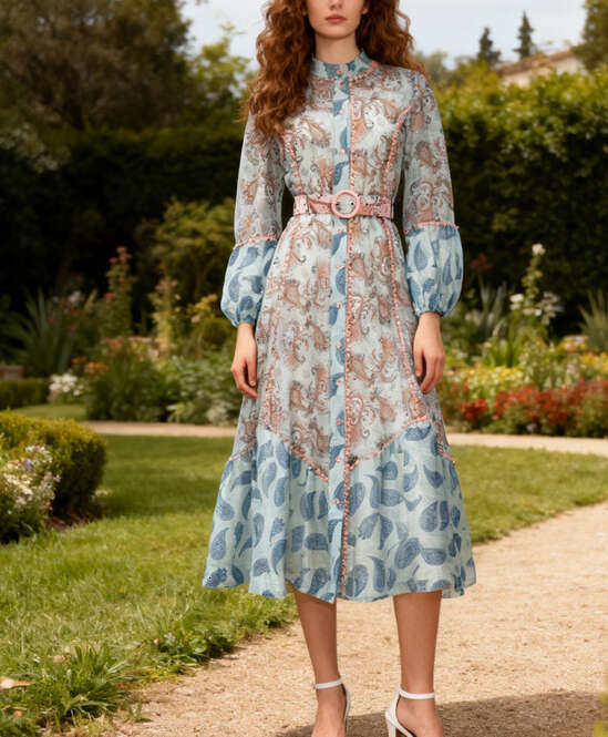 2026 spring and summer niche goddess fairy vacation style color block print lantern sleeves loose single breasted long skirt