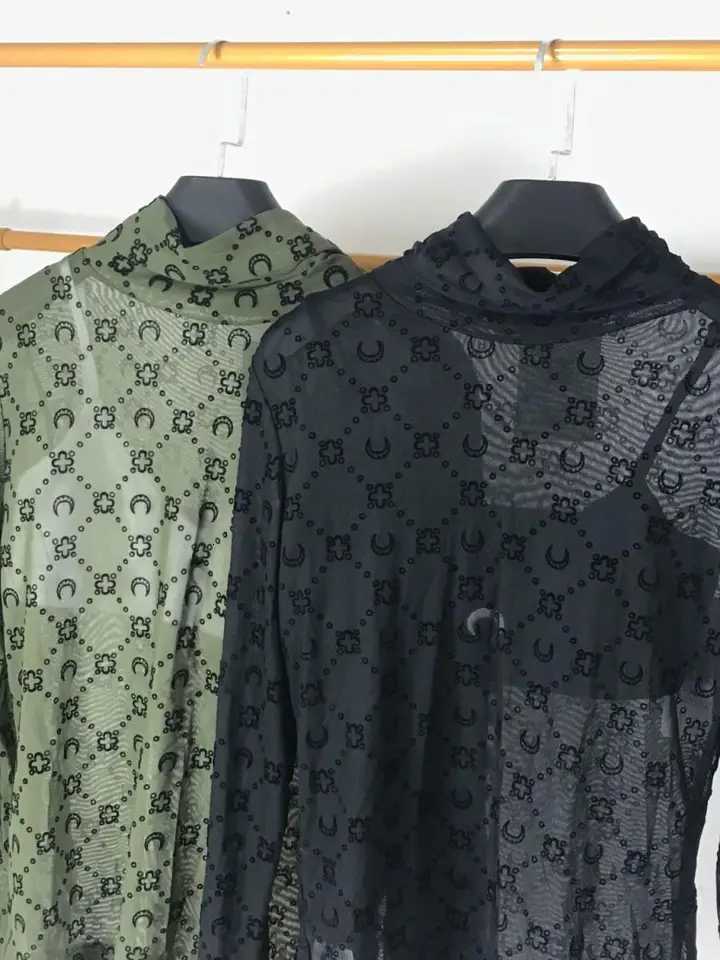 Sexy Top Womens Long Sleeve T-Shirt Moon Plush Mesh Hollow Translucent High Collar High Street Spring Solid Color VersatileT260310