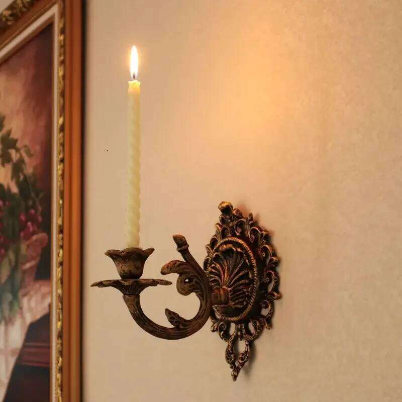 Hanging Candlestick Retro Bronze Decoration Candle Holder French Wall Wrought Iron Garden Decorative Hook H260310