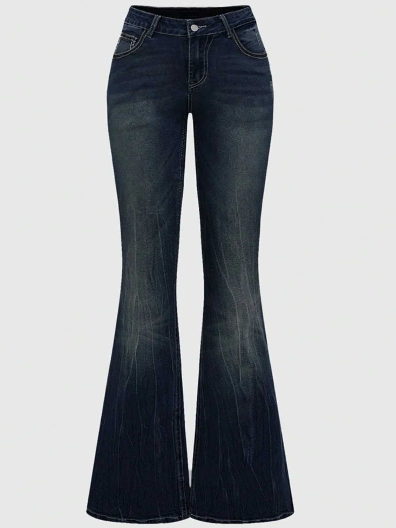 Womens Elegant Fashion High-Waist Stretch Denim Flared Pants with Back Pocket Embroidery and Rhinestone Decoration M260310