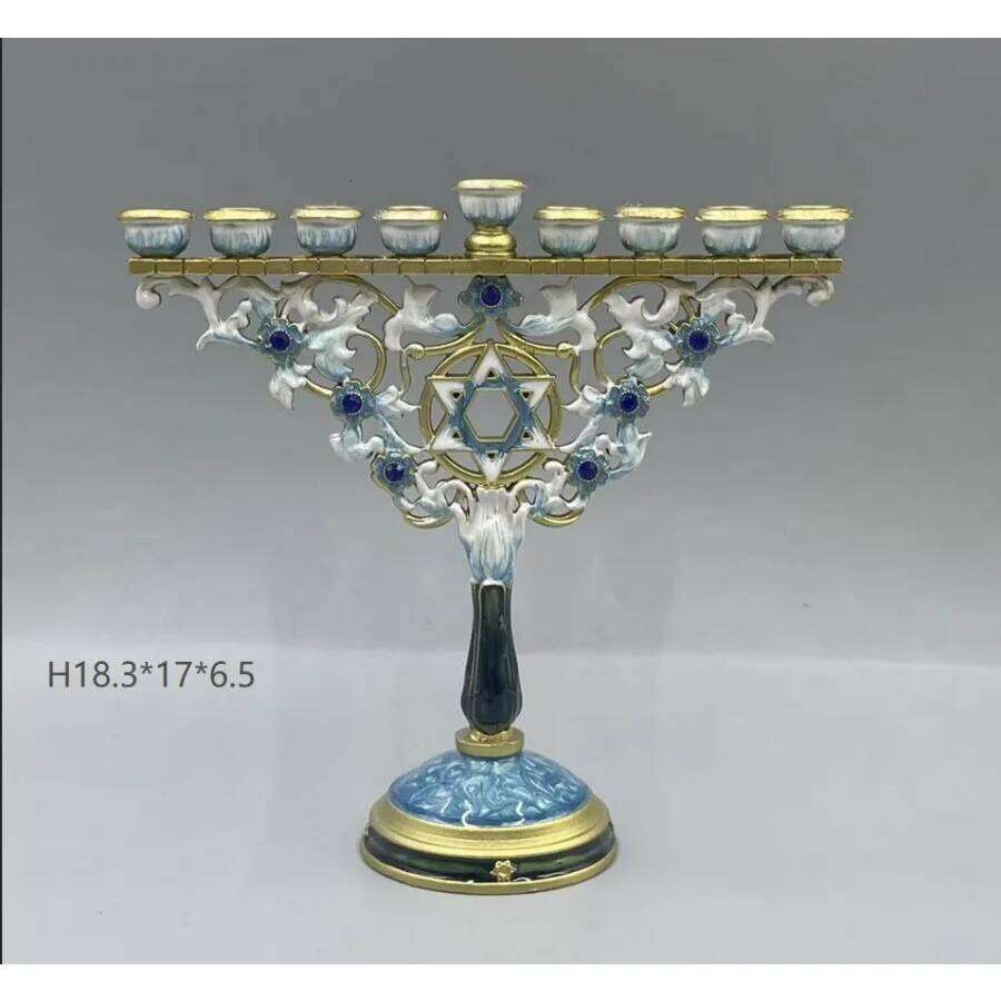 Jewish Hanukkah Temple of God Menorah, Jerusalem Gurdwara Candlestick alloy copper enamel colored holiday party, 9 branches H260310