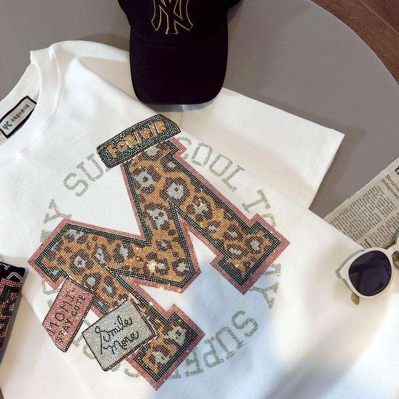 Summer T Shirt for Women Cotton Letter Hot Drill Oversized Clothes Loose Short Sleeved Top Luxury Designer Graphic Tees Women