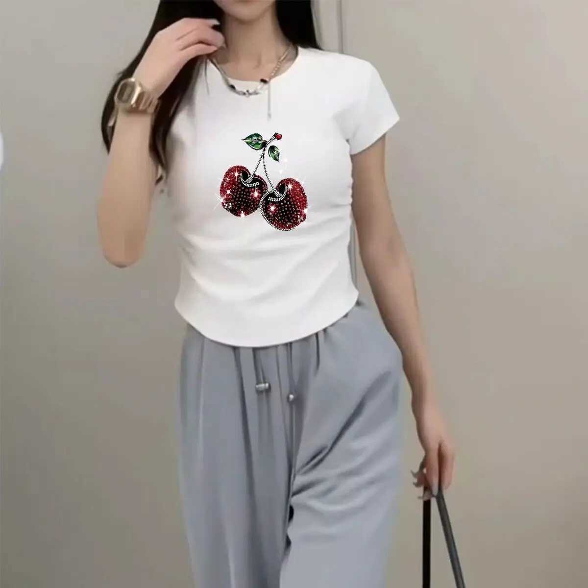 Womens Waist-Defining Elastic T Shirt Sparkling Cherries printed Short Sleeve Round Neck top tee FashionableT260310