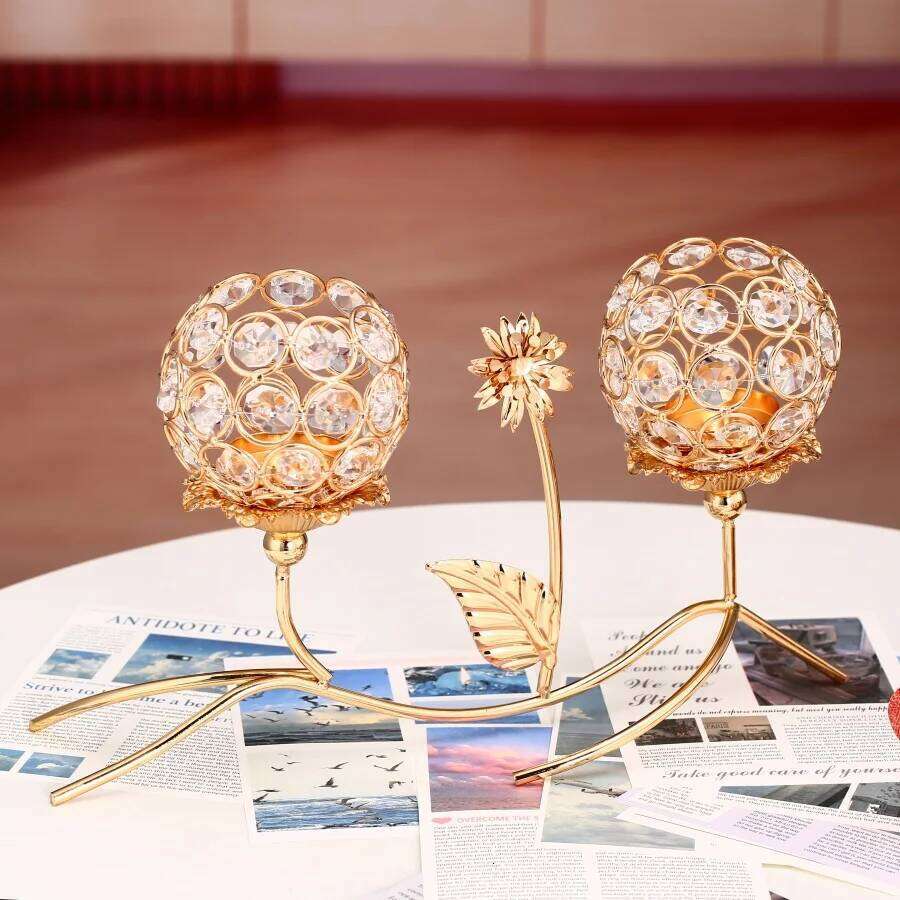 1pc Golden Crystal Candle Holder Dual-head Flower Candlesticks for Dining Coffee Table Wedding Events Parties Home Decor H260310