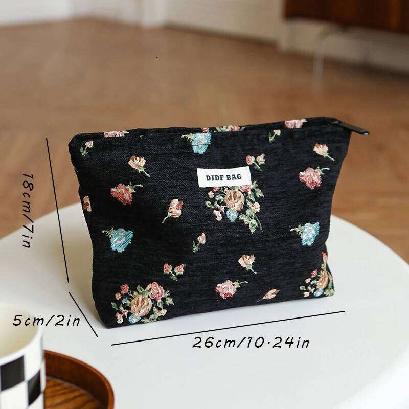 DJDF Women's Cosmetic Vintage Black Background Flower Skincare Product Storage Portable Travel Toiletry Bag Coin Purse XJ260310