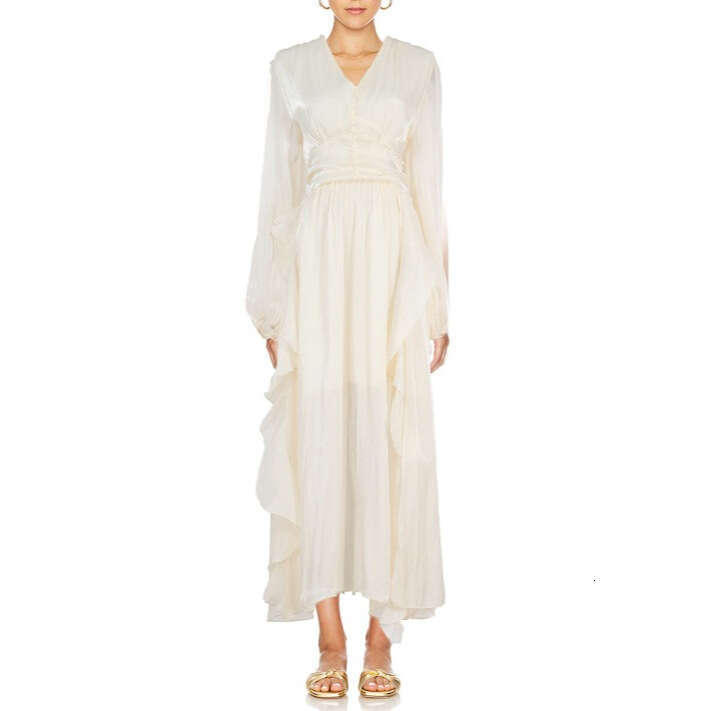 2026 new European and American niche goddess elegant and elegant solid color silk V-neck ruffled hem flowing long skirt