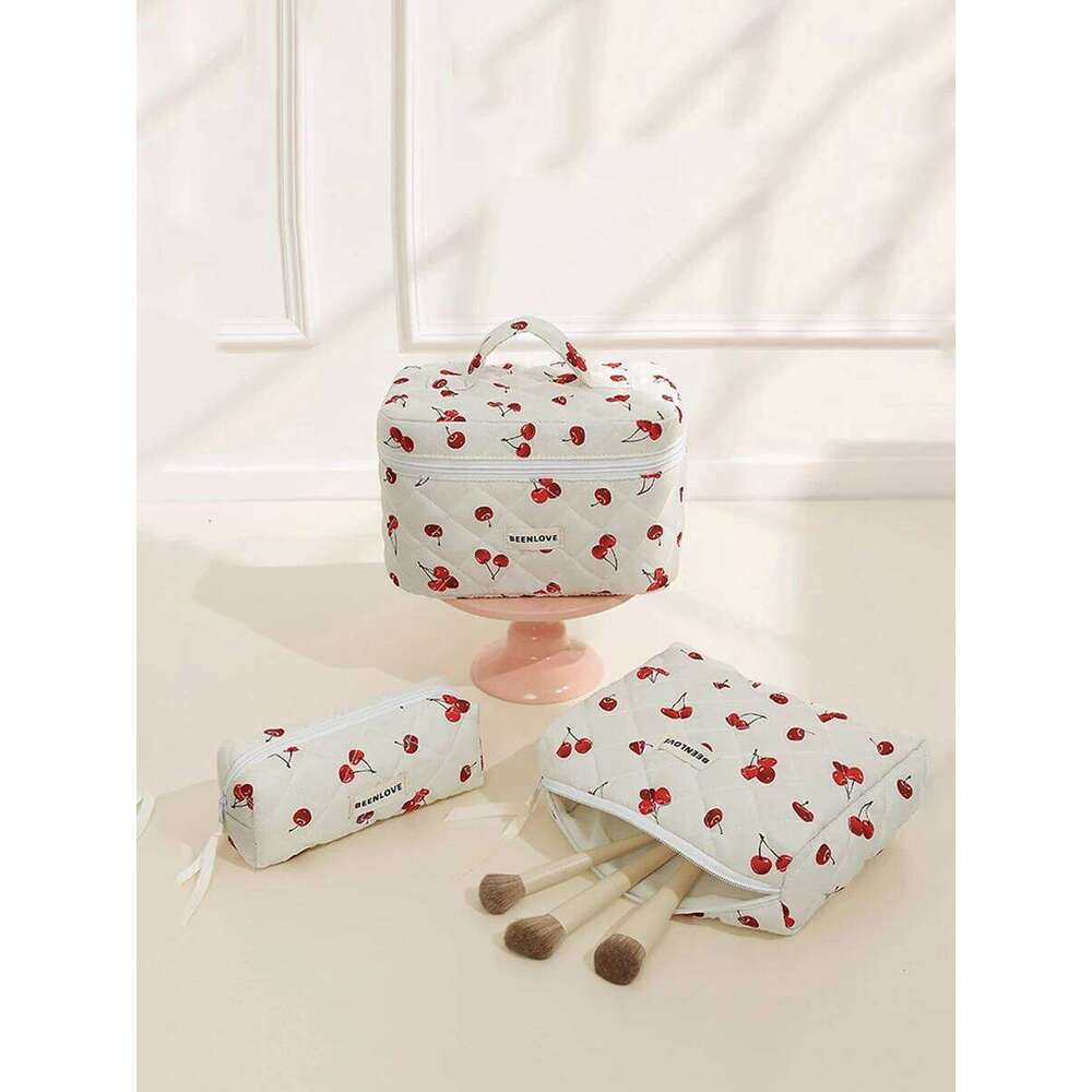 Cute Cherry Printed Cosmetic Quilted Organiser Women's Zipper Flower Cotton Travel Wash Portable Toiletry Bag XJ260310