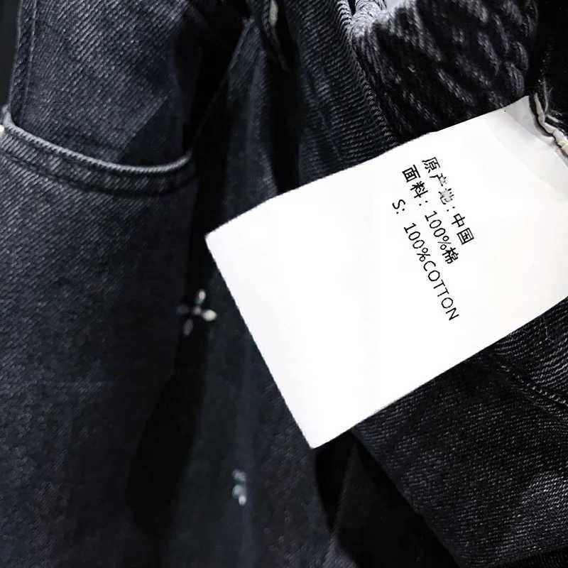 Women 2025 Spring and Summer New Style Half Elastic Waist Double Color Nail Diamond Decorative Denim Straight PantsT260310