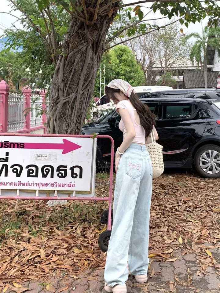 bow Blue Jeans Women High Waist street American Wide Leg denim Pants 90s Embroidery Y2K Vintage Straight straight Trousers 2024 M260310