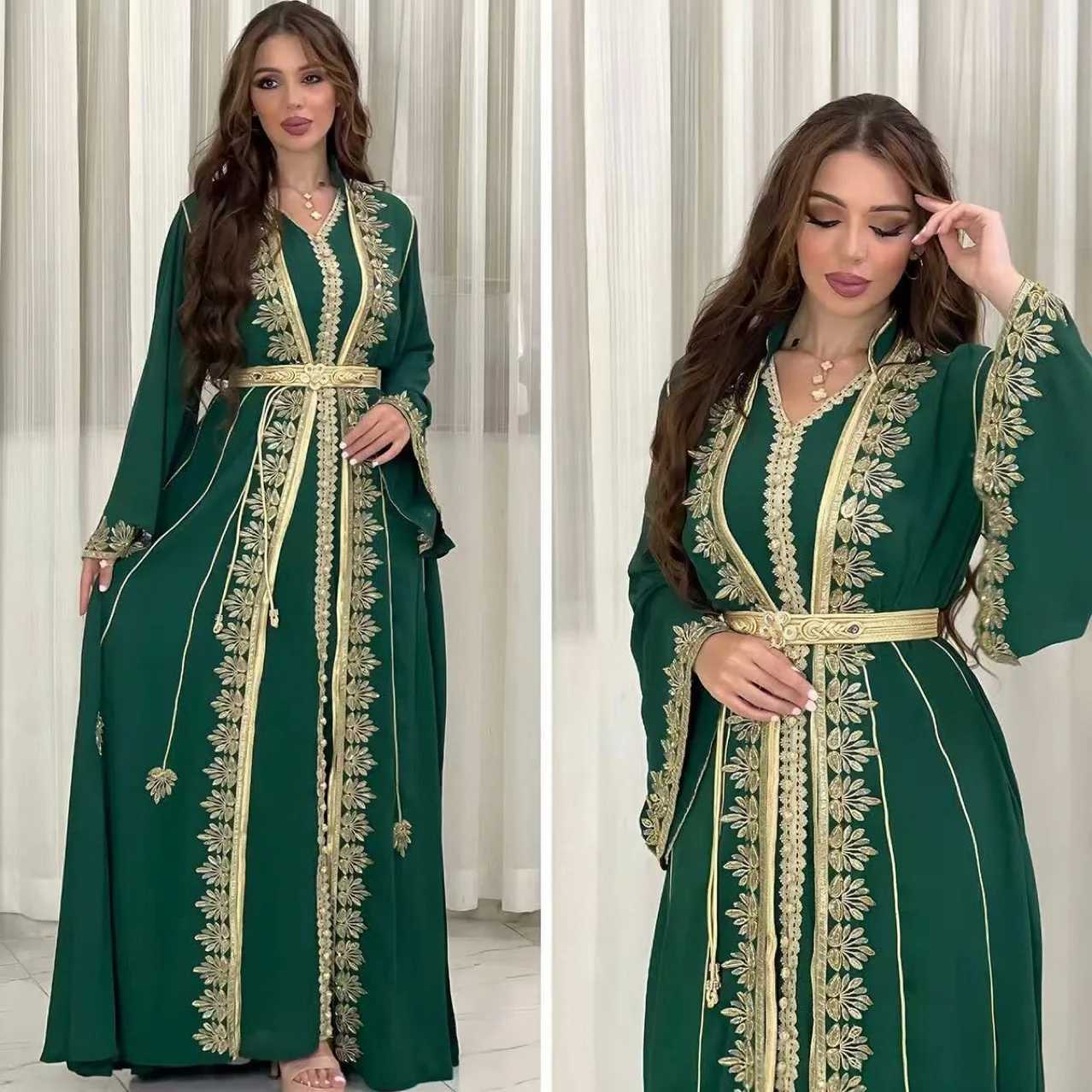 Dress Suit Women Eid Muslim Abaya Party Dresses 2 Piece Sets Embroidery Sashes Ramadan Dubai Kaftan Vestidos Jalabiya Long Robe X260310