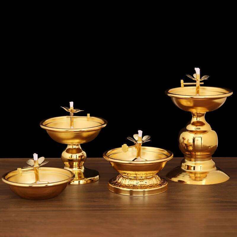 Golden Oil Lamp For Buddha With Glass Windproof Cover,Metal Buddhist Lantern Burner,Religious Candlestick Item H260310
