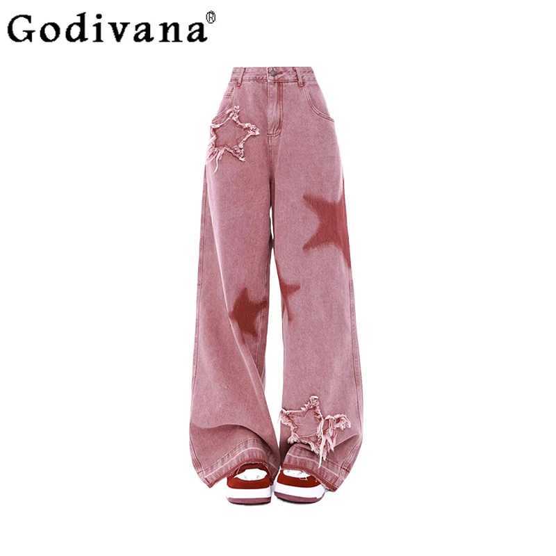 Large Size Women American Street Pink High Waist Autumn Korean Wide-leg Jeans Loose Fashion Versatile Straight Leisure Trousers M260310