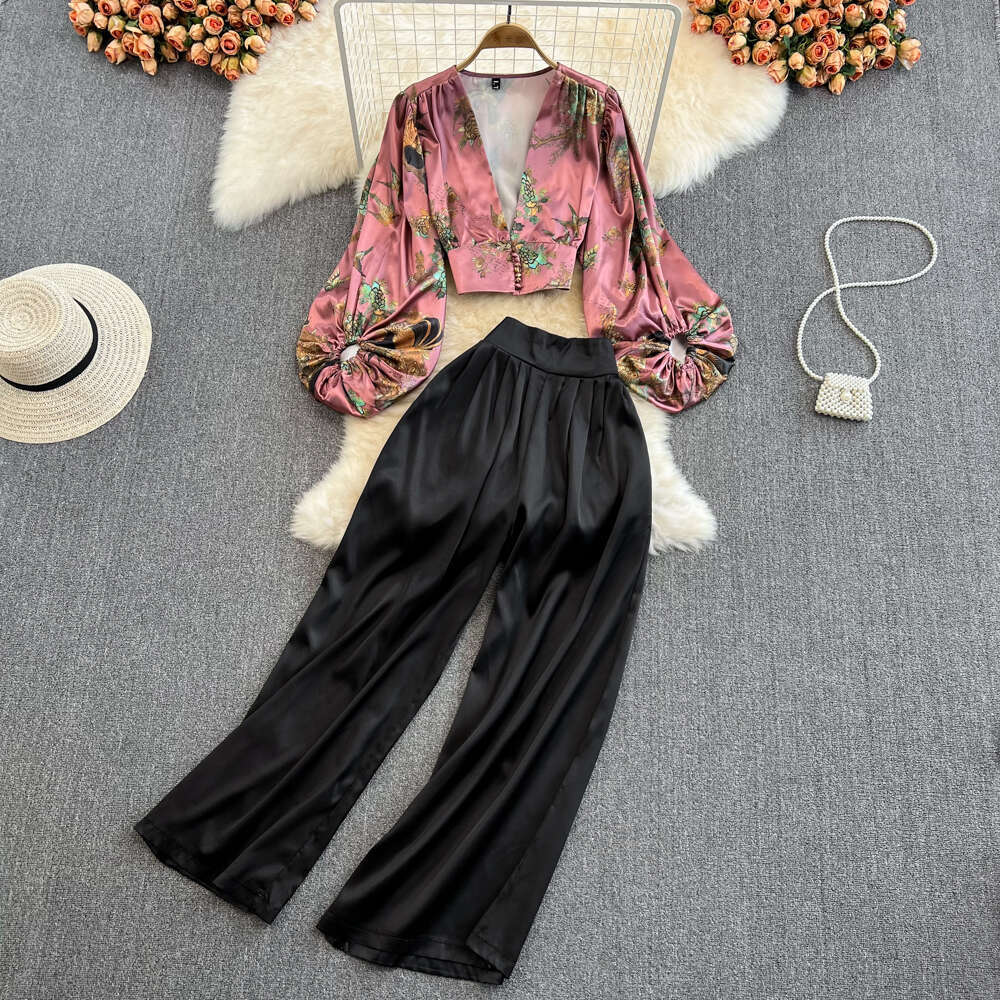 Light and mature style women's fashion suit elegant V-neck lantern sleeve printed shirt with high waisted wide leg pants