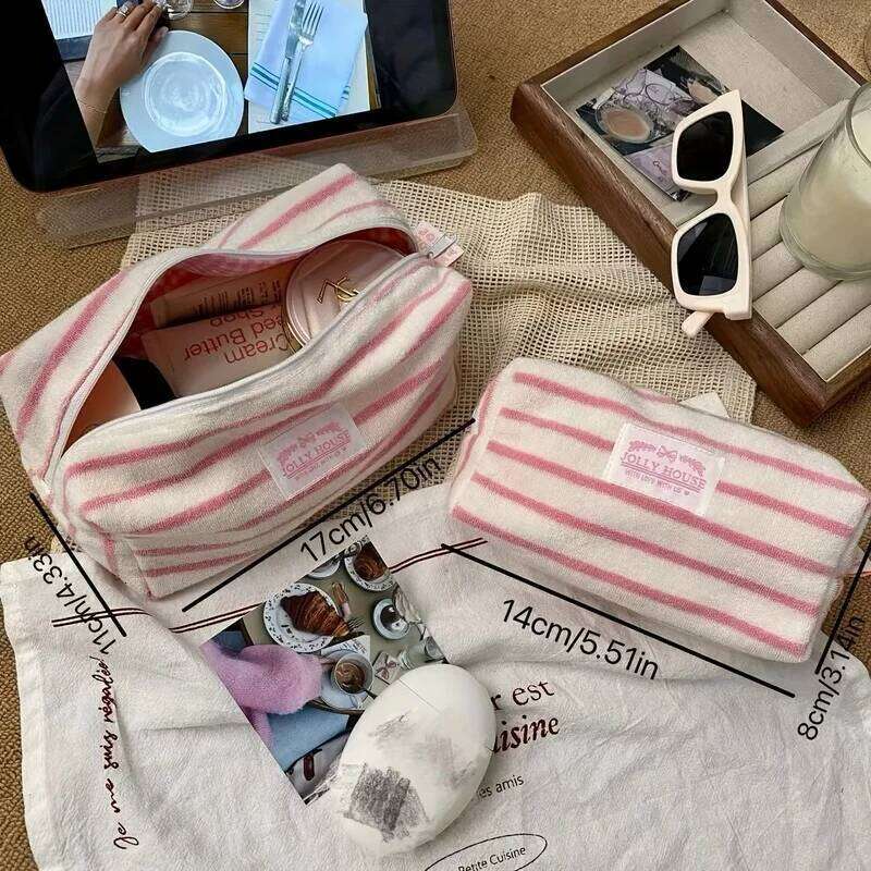 1pc Striped Makeup Bag Large Capacity, Travel Toiletry Organizer Pouch for Skincare Brushes, Women's Cosmetic Storage XJ260310