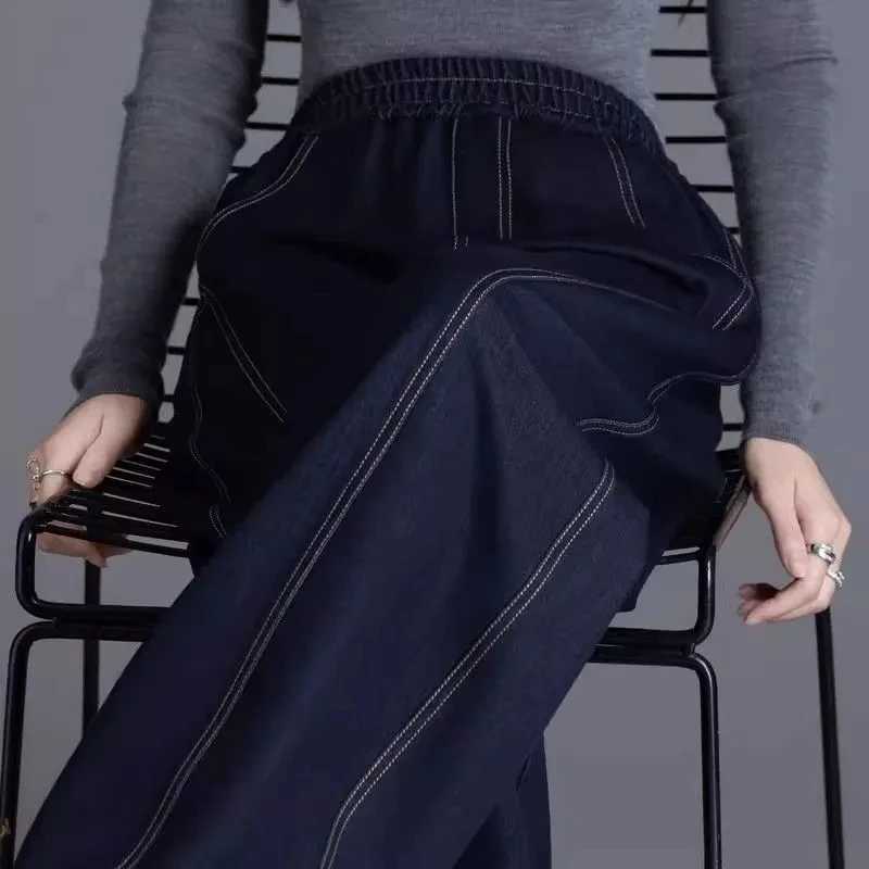 High waisted Womens Casual Jeans 2025 Spring Autumn new Loose Elastic waist Denim Wide leg pants Lady Curved knife Pants M260310