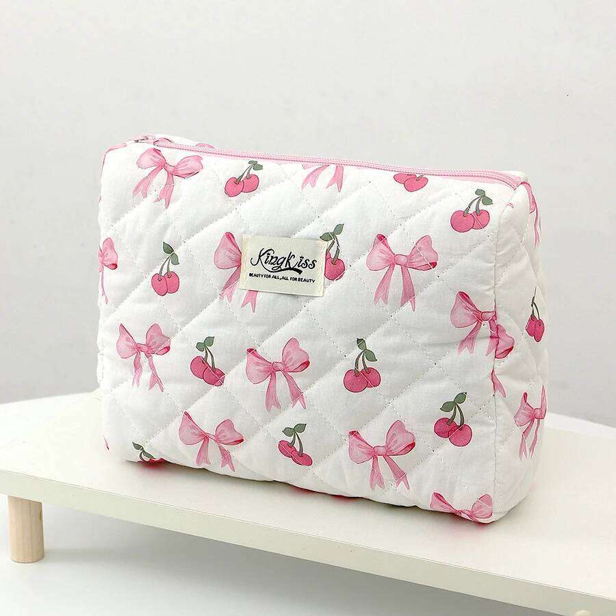 1pc/set Cherry Bow Quilted Multifunctional Handheld Makeup Bag, Portable Toiletry Bag Set with Zipper XJ260310
