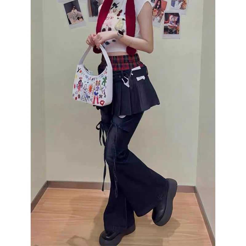 YIBASHU Autumn Womens Denim Pants Slim Flared Jeans Fake Two Pieces Bell Bottom Jeans Abi Y2k Dark Academia Skinny Cyber Punk M260310