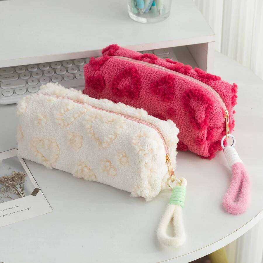 1pcs Cute Plush Makeup For Women Pink Red Color Heart Cosmetic Bags With Lanyard Girl Large Capacity Travel Organizer XJ260310