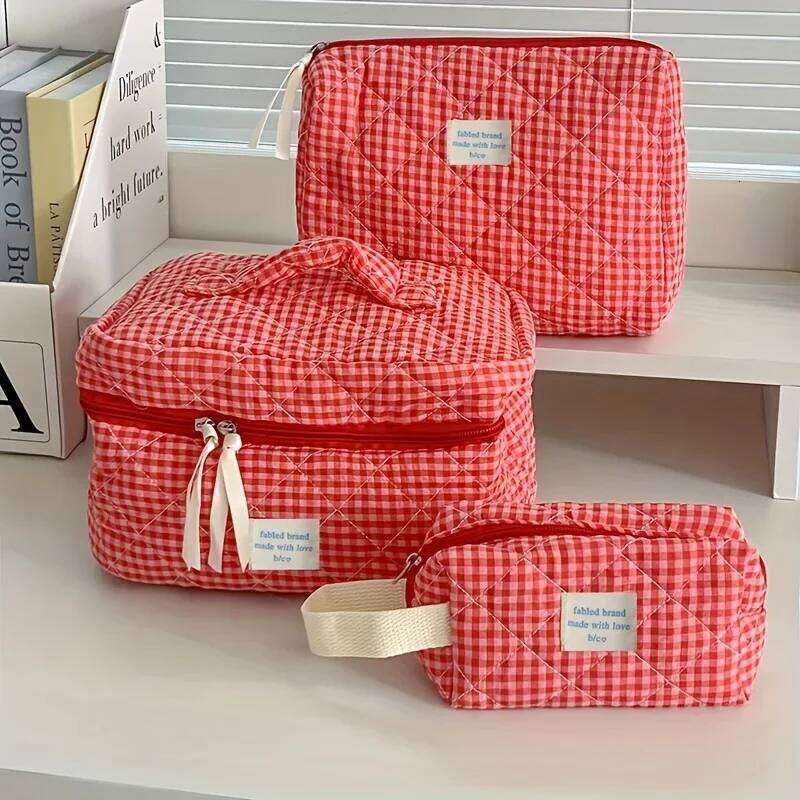 Plaid Makeup Large Capacity Portable Cosmetic For Women Girls Skincare Toiletry Bag Multifunctional Cute Wallet Pouch XJ260310