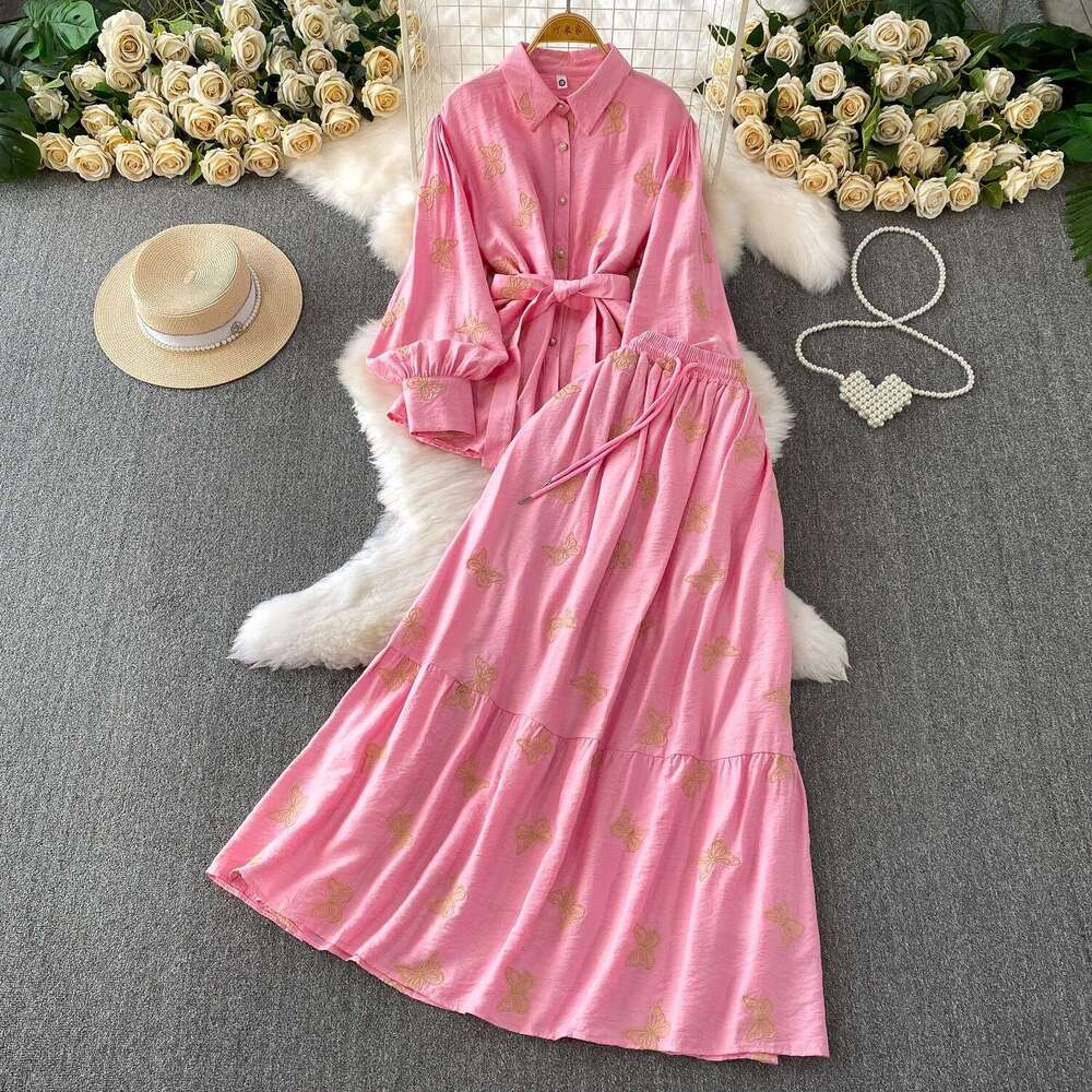 2026 Retro Style Elegant, Unique, Exquisite Embroidered Butterfly Long Sleeve Sunscreen Shirt with High Waist Skirt