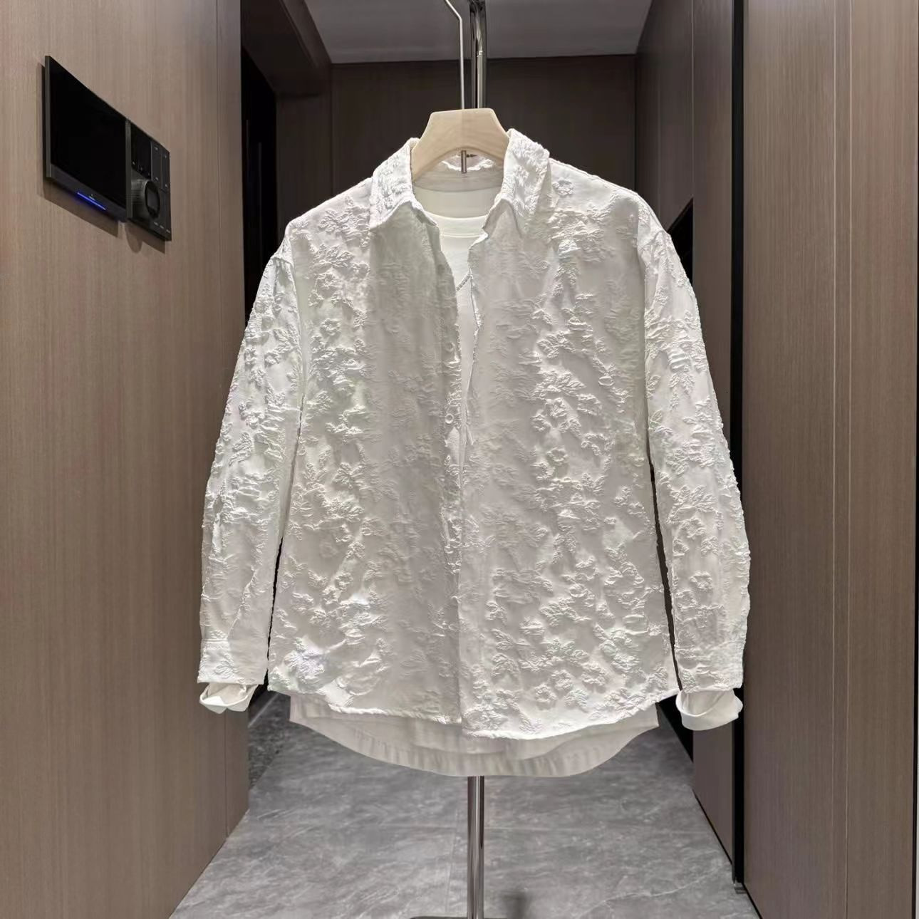 Luxury Brand Designer Clothes Summer Men's New Trendy Fashion Retro Swallowtail Three-Dimensional Jacquard Versatile Turn-Down Collar Casual Long
